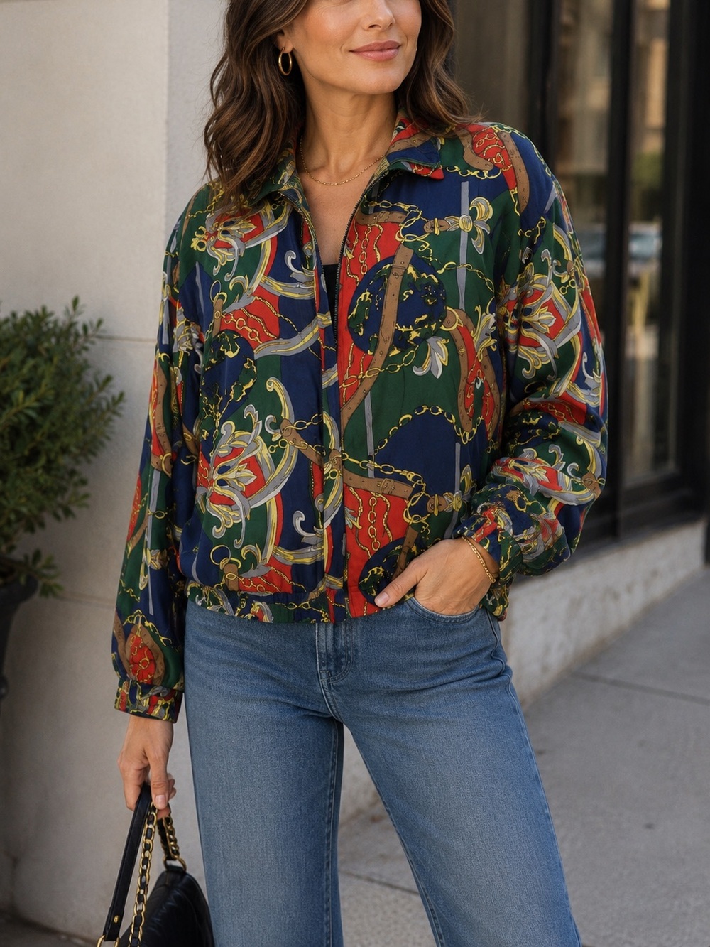 Women’s Vintage retro bomber Equestrian Scarf Print Zip Front XXL silk plus size